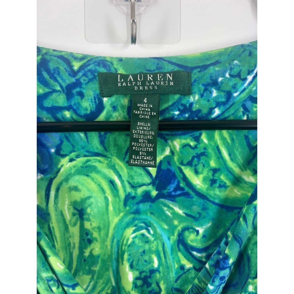 Lauren Ralph Lauren Green Blue Paisley Floral Ruched Surplice Sheath Dress 4 - Picture 4 of 5